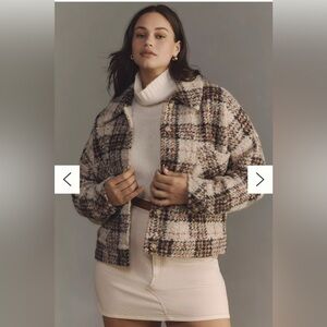 Anthropologie Greylin Fuzzy Cropped Jacket Shacket plaid XL tan brown